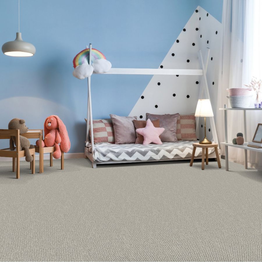 Neutral gray-brown carpet in nursery children's room